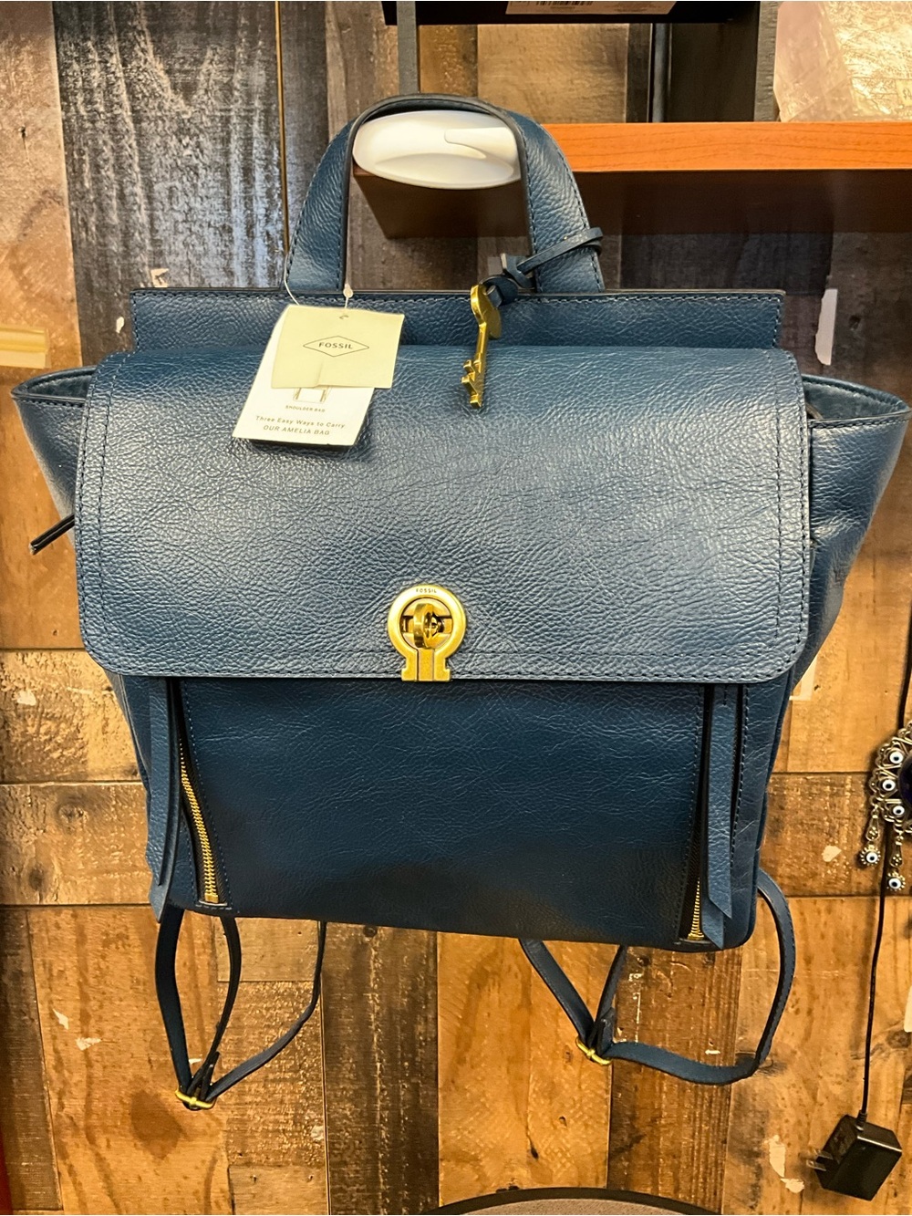 Fossil Navy Blue Leather Convertible Backpack Satchel with Gold Hardware